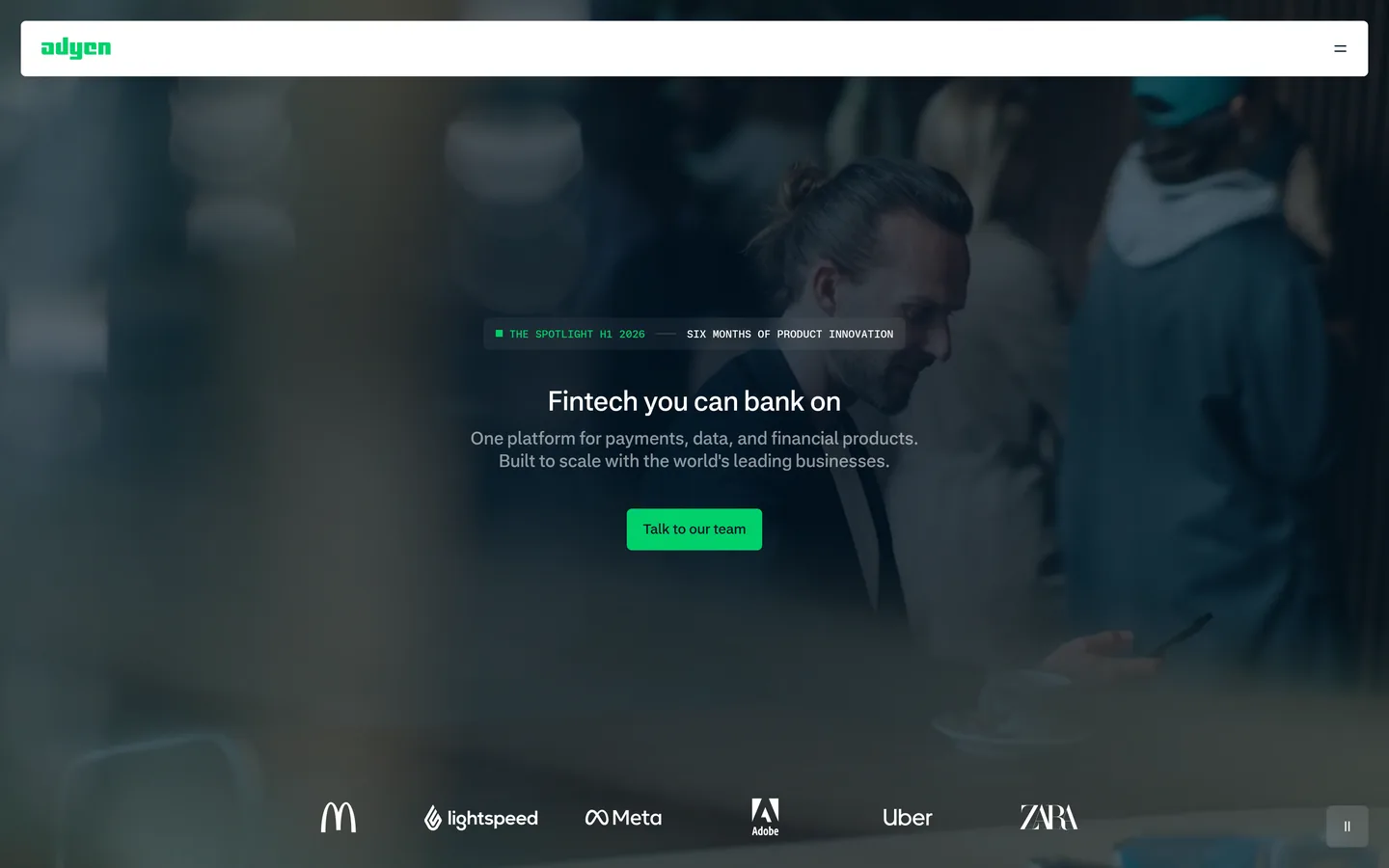 Adyen home page — “Fintech you can bank on”, with a checkout scene and customer logos