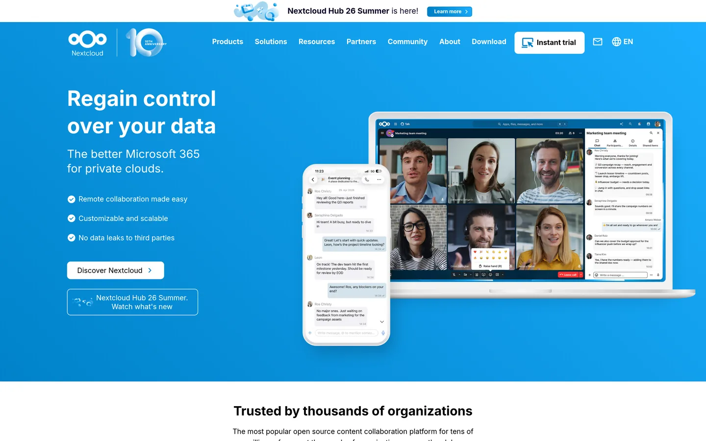 Nextcloud home page — “Regain control over your data”, with the collaboration suite navigation