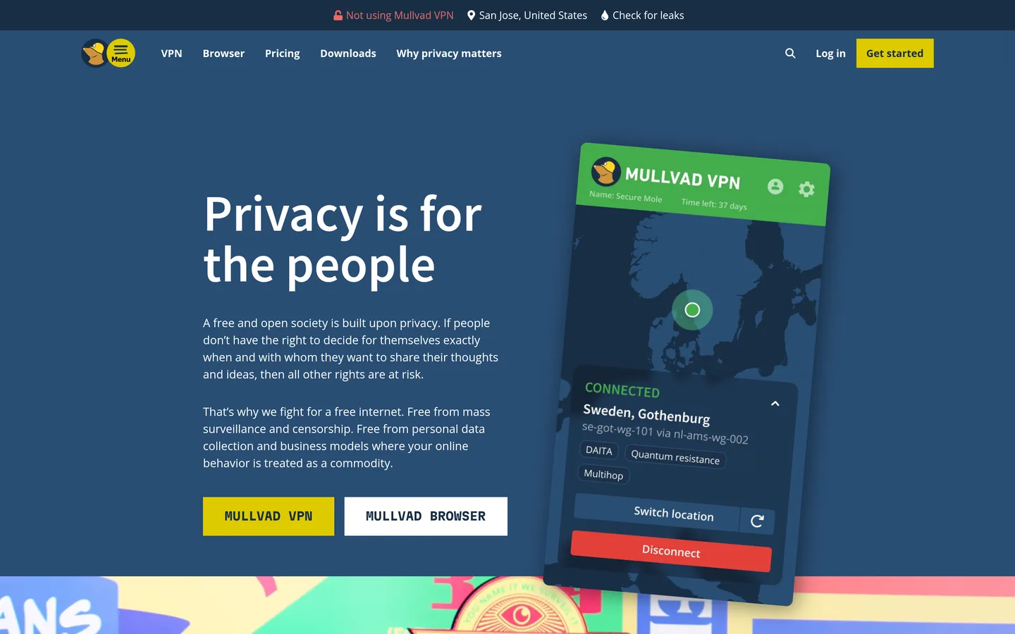 Mullvad VPN home page — “Privacy is for the people”, with the download call to action