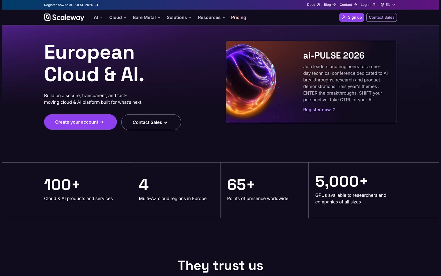 Scaleway home page — European cloud and AI, with regions, GPU and point-of-presence counters