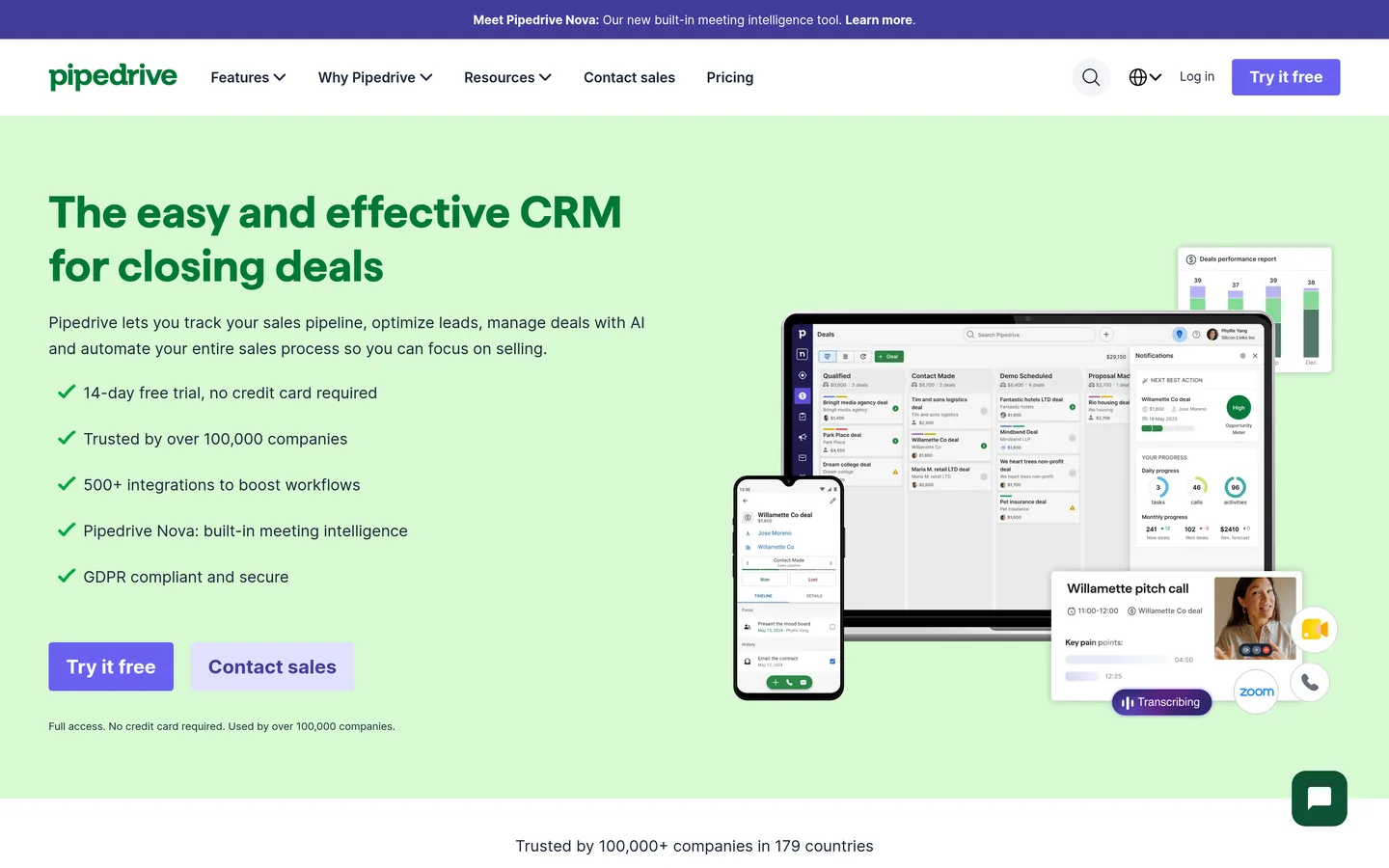 Pipedrive home page — “The easy and effective CRM for closing deals”, with the sales pipeline UI