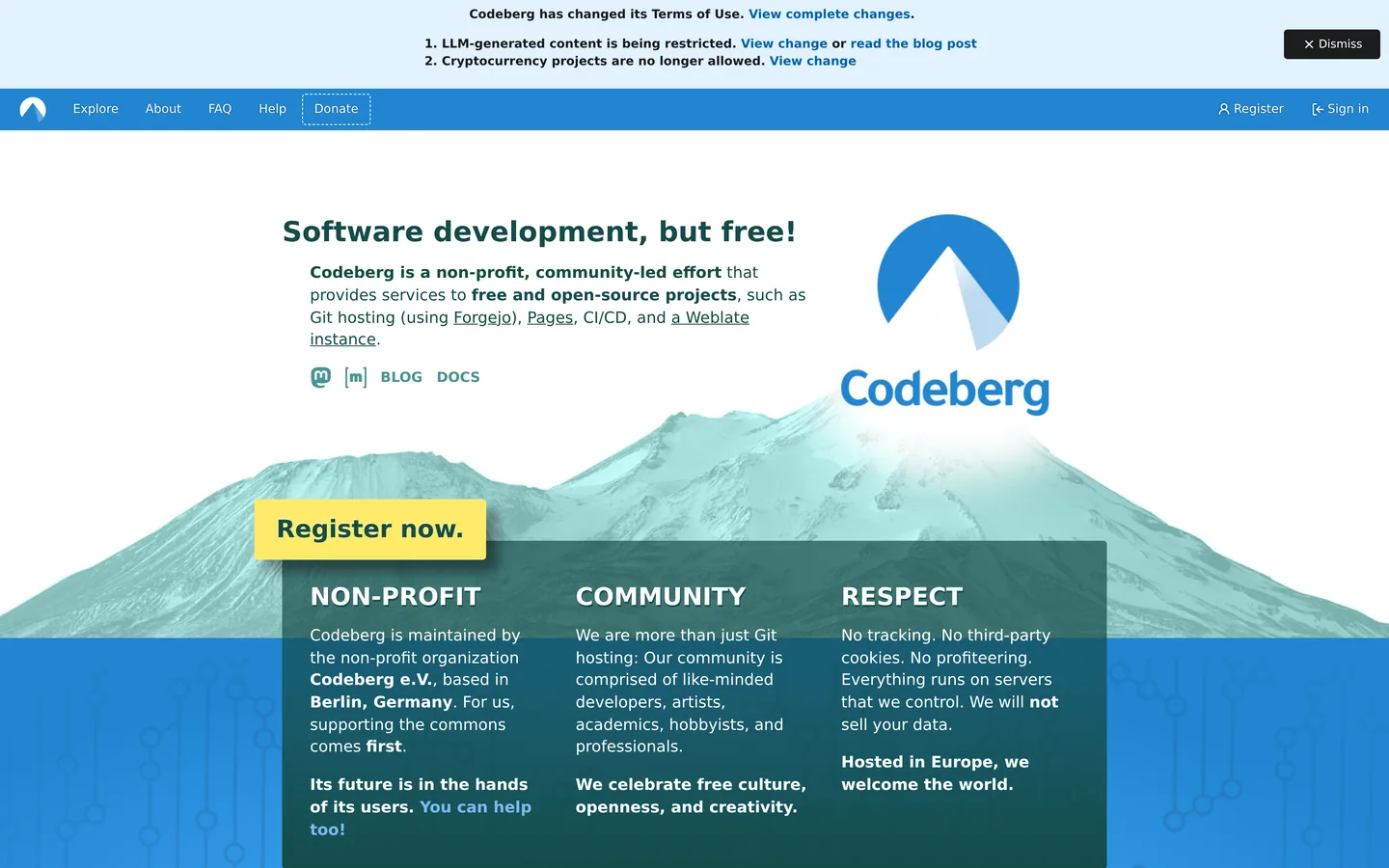 Codeberg home page — “Software development, but free”, with the register call to action