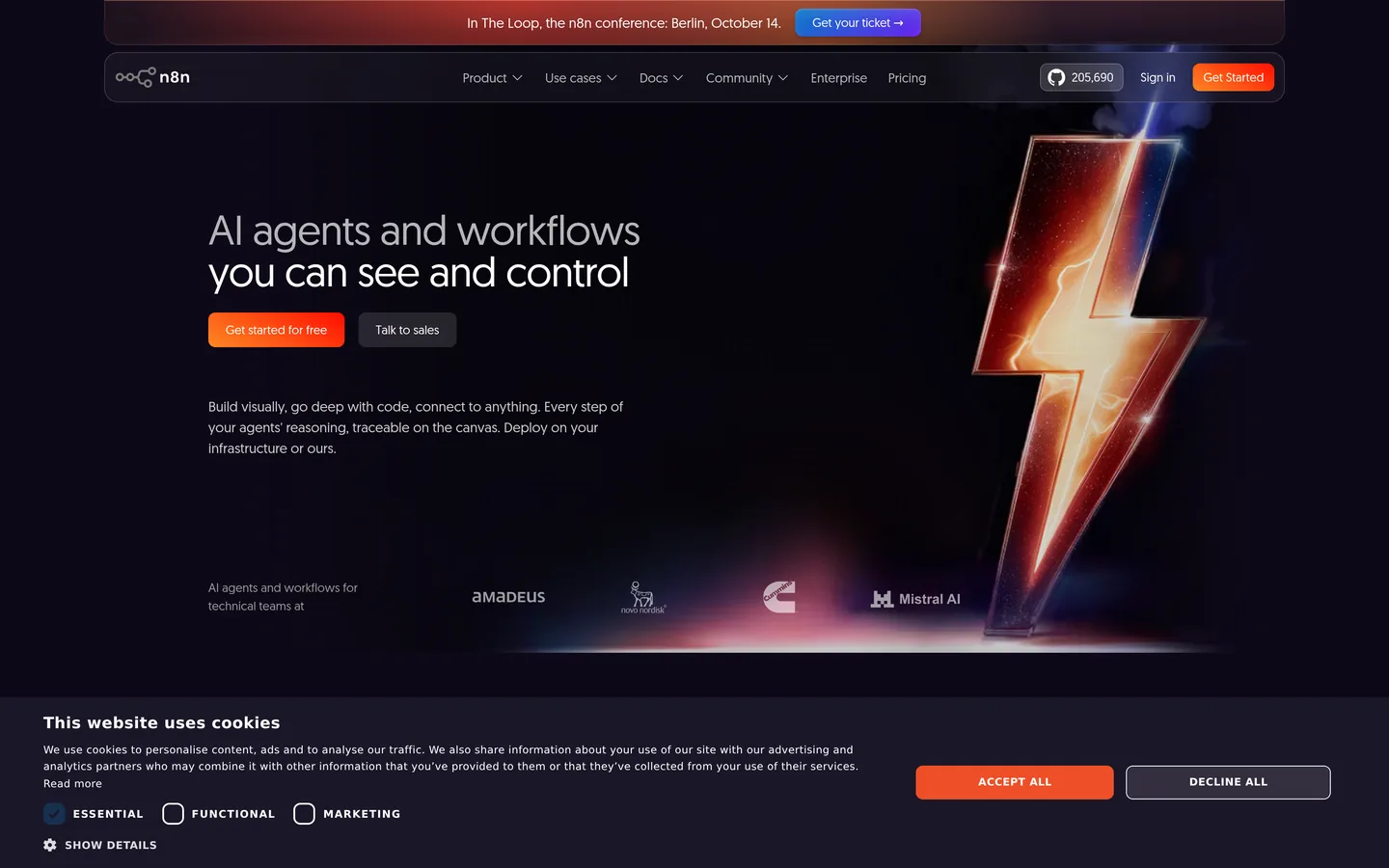 n8n home page — “AI agents and workflows you can see and control”, with the workflow editor preview