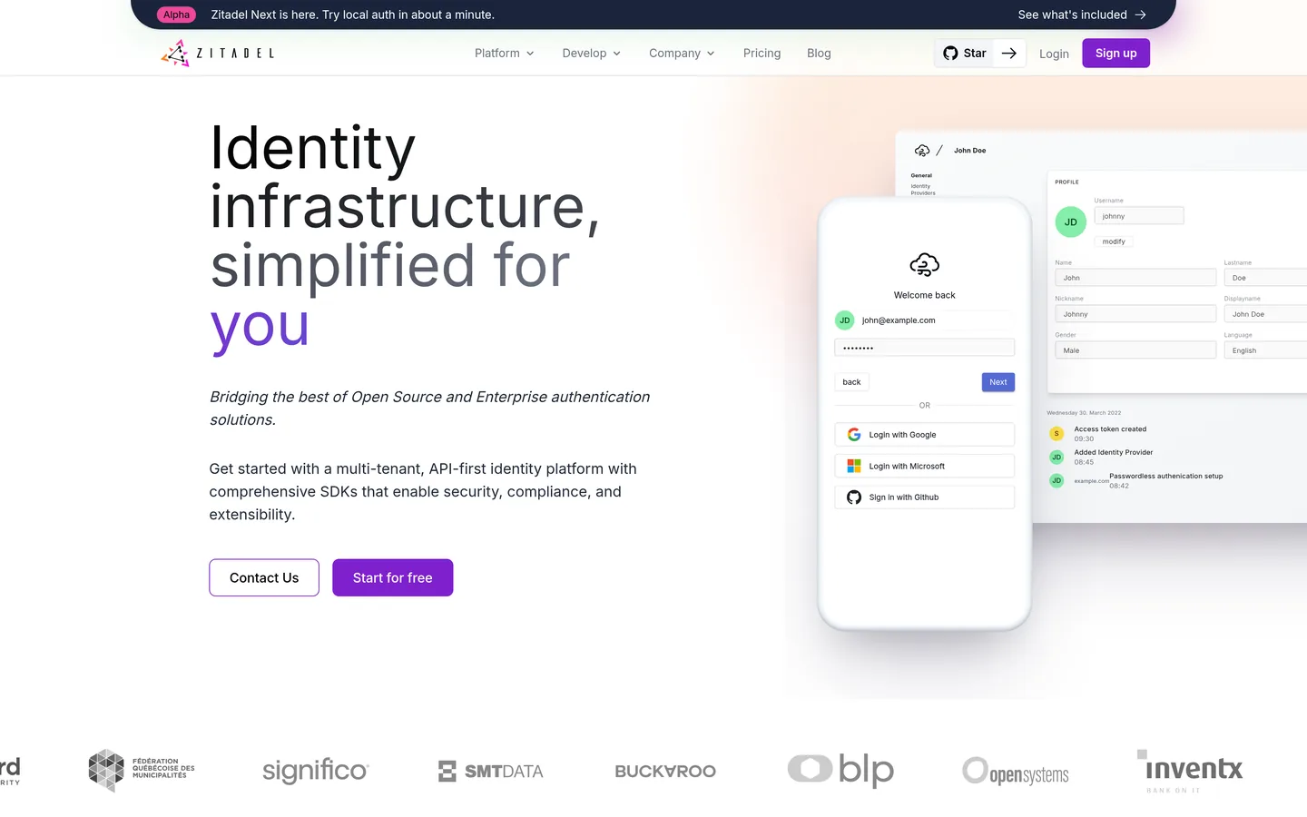 Zitadel home page — “Identity infrastructure, simplified for you”, with mobile sign-in visuals
