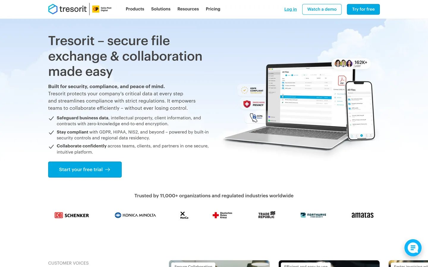 Tresorit home page — secure file exchange and collaboration, with the desktop client mockup