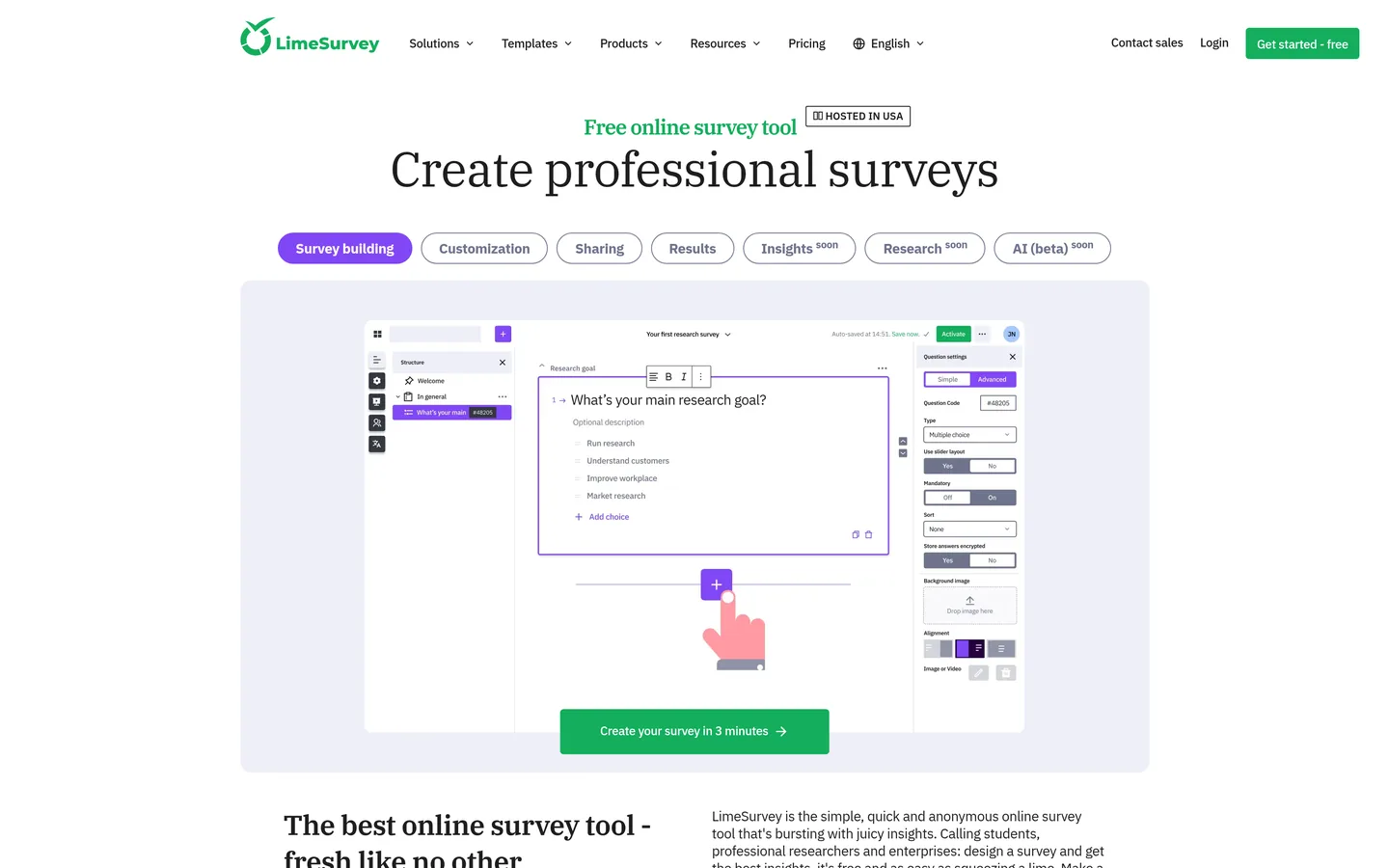 LimeSurvey home page — “Create professional surveys”, with the survey builder interface