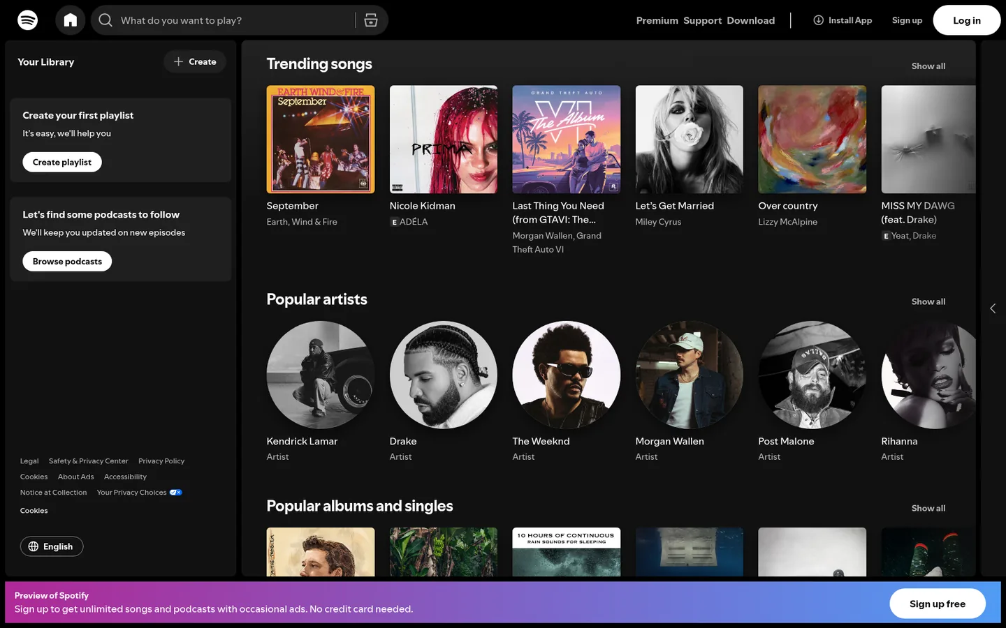 Spotify home page — the web player, with album artwork and the library navigation