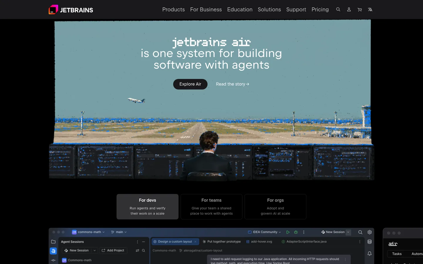 JetBrains home page — “AI that elevates coding”, with the developer tools navigation