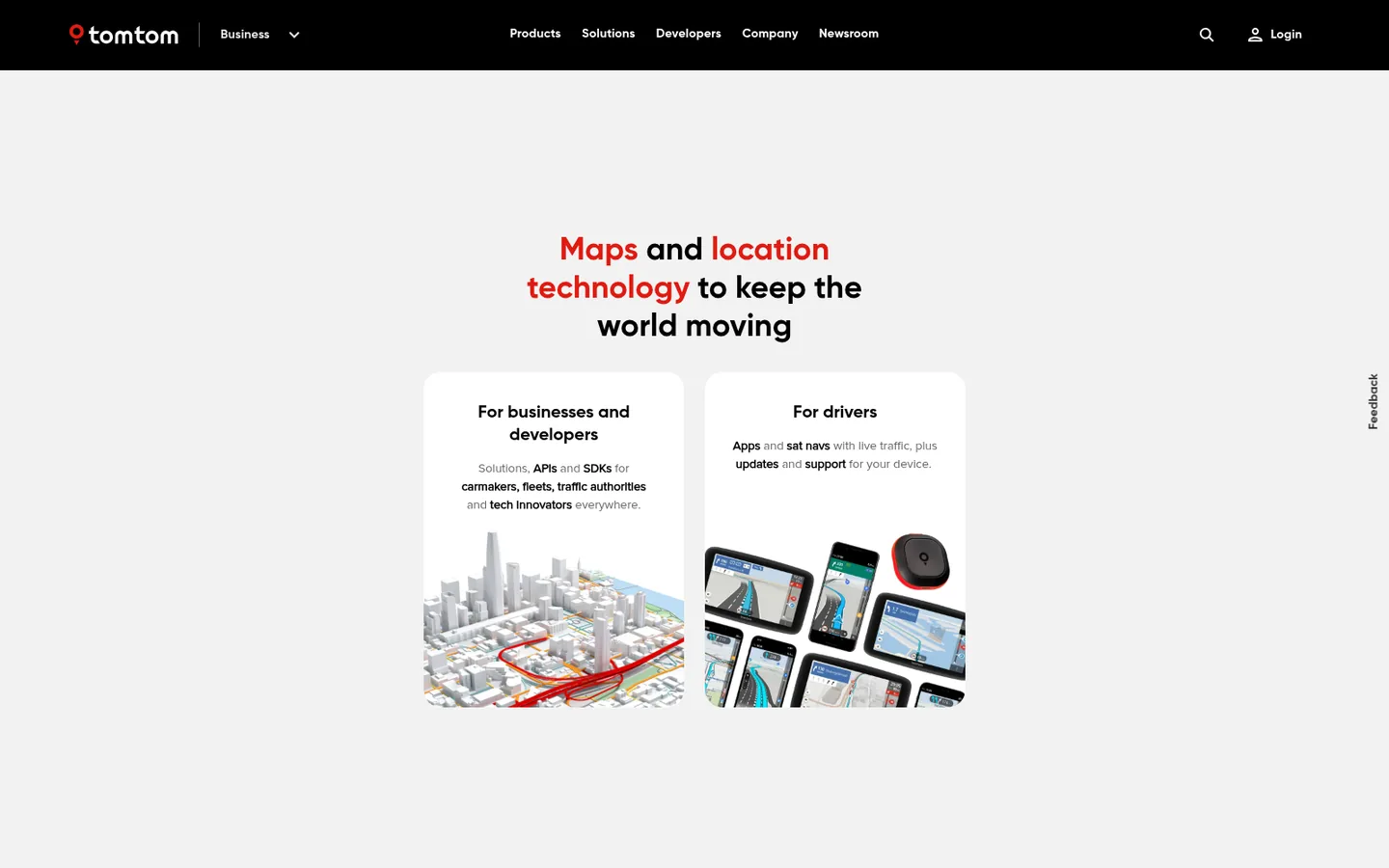 TomTom home page — “Maps and location technology to keep the world moving”