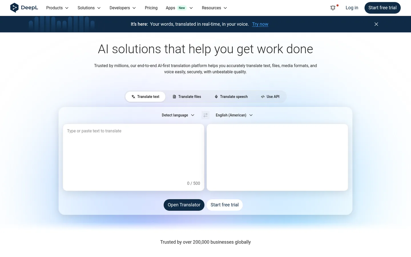 DeepL home page — “AI solutions that help you get work done”, with the translation product entry points