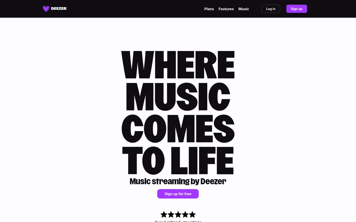 Deezer home page — “Where music comes to life”, with the streaming service artwork