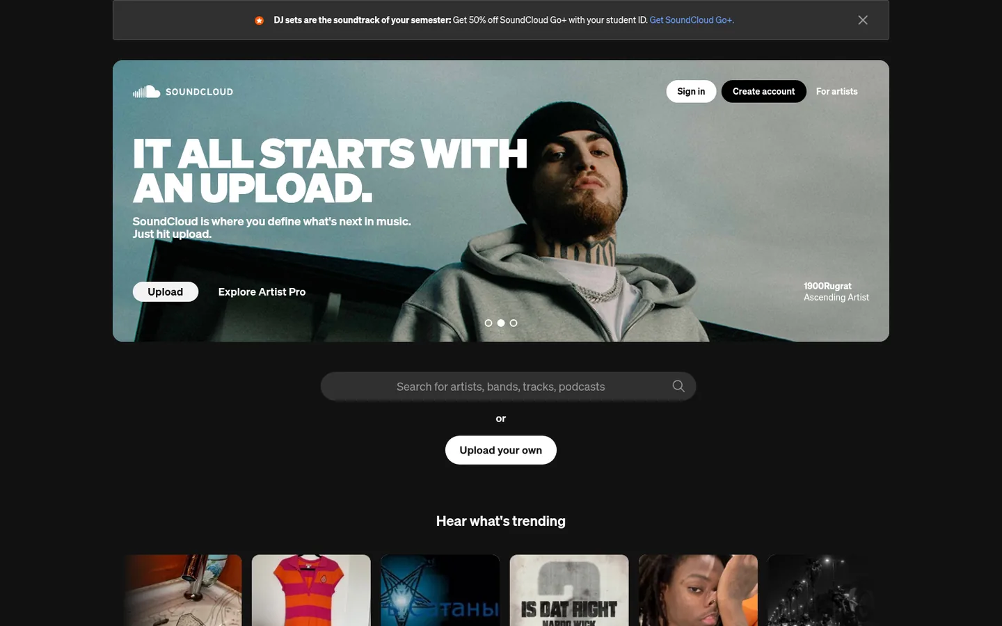 SoundCloud home page — “It all starts with an upload”, with the artist and listener entry points