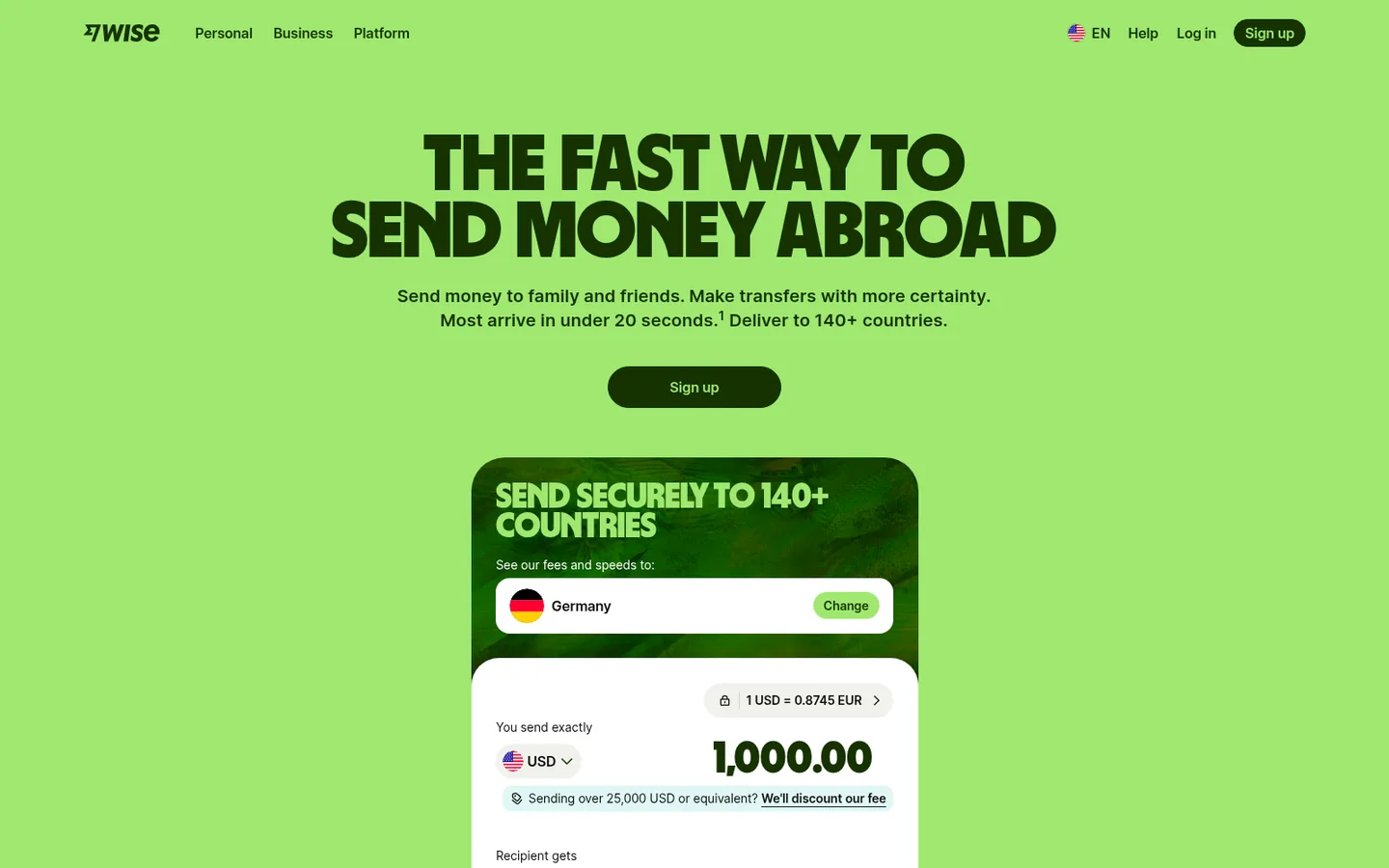 Wise home page — “The fast way to send money abroad”, with the transfer calculator