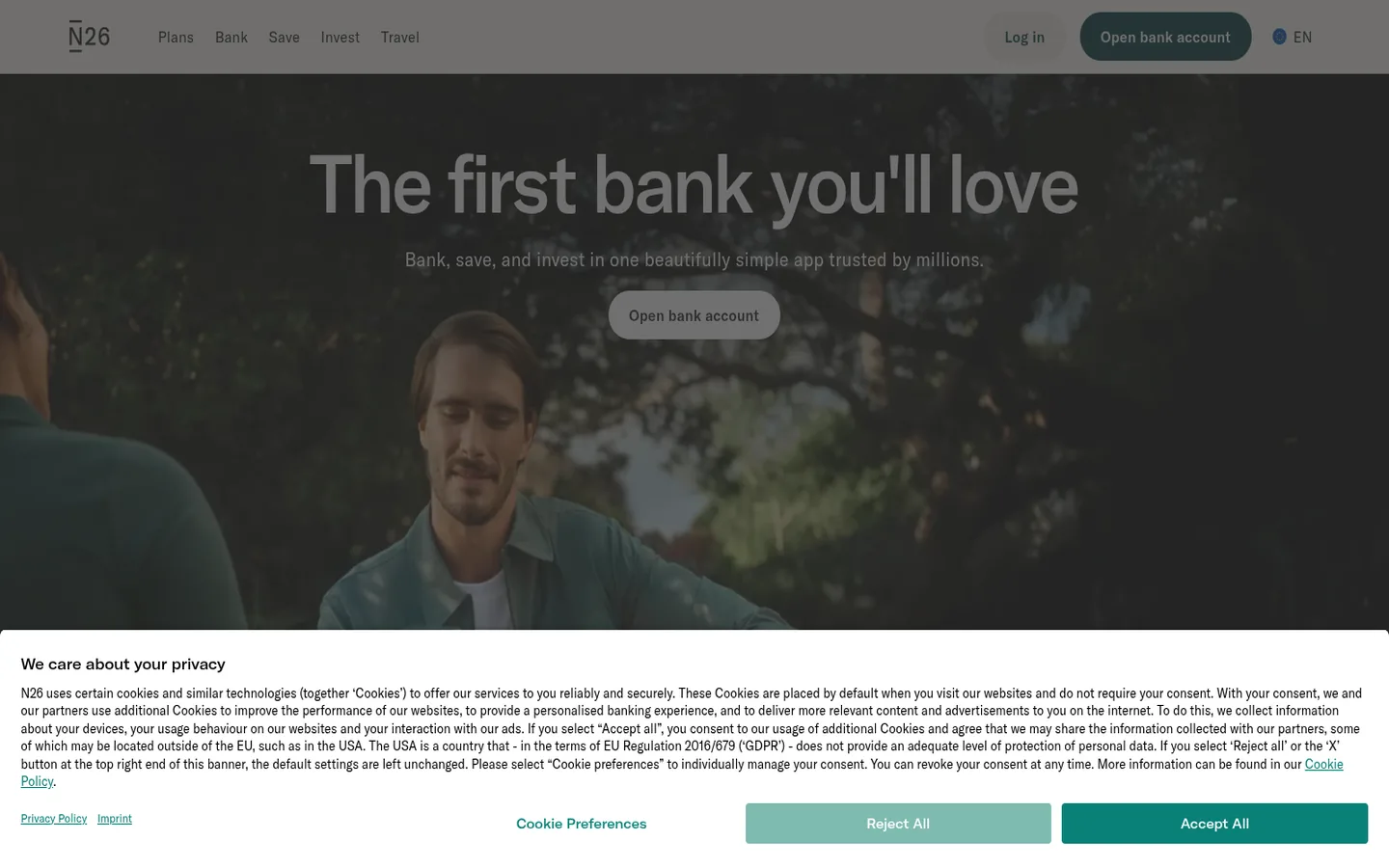 N26 home page — “The first bank you'll love”, with the mobile banking app visuals