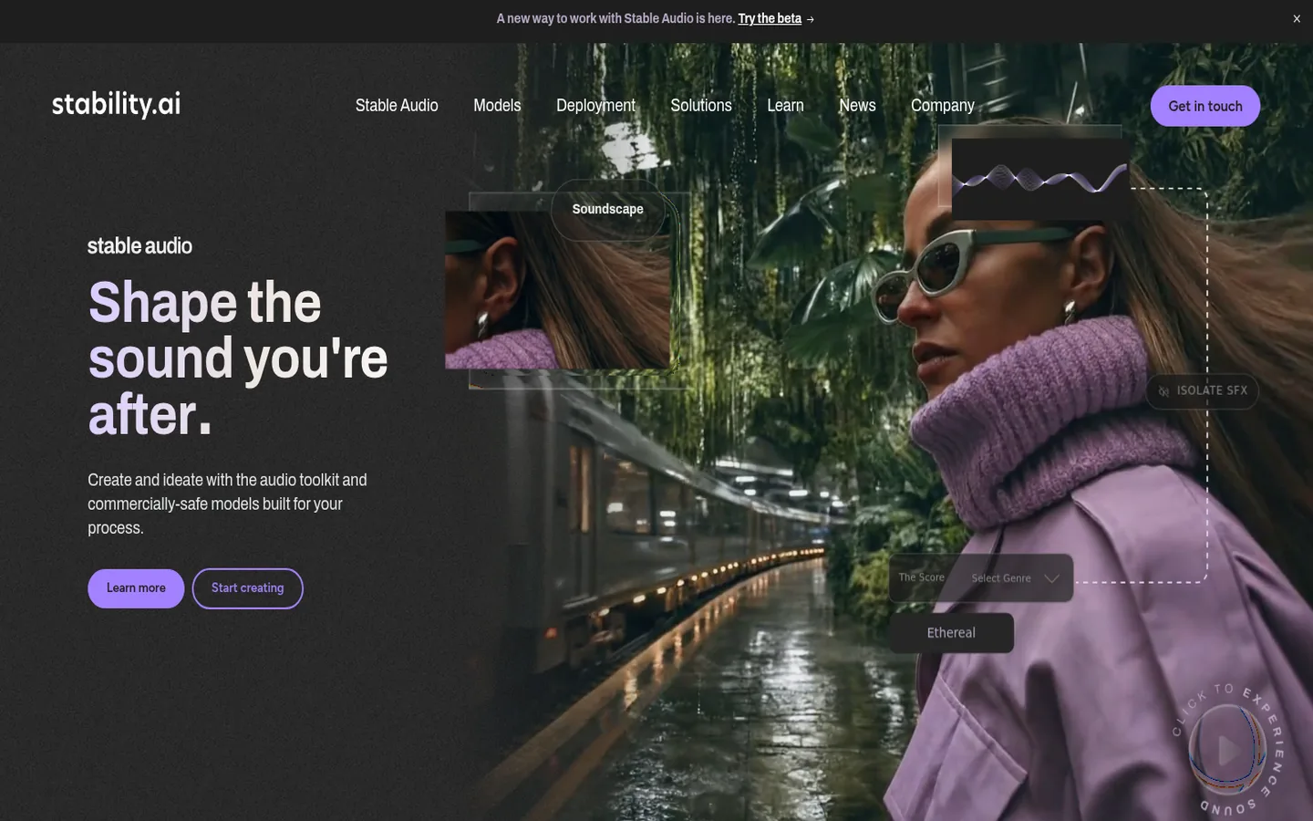 Stability AI home page — “Shape the sound you're after”, with the audio model showcase