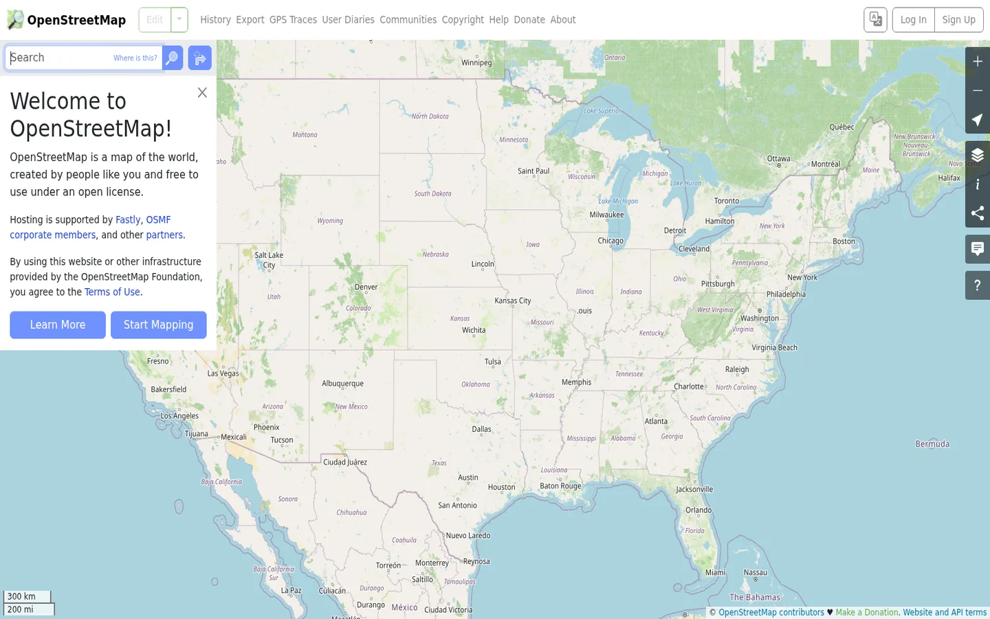 OpenStreetMap home page — “Welcome to OpenStreetMap!”, with the world map