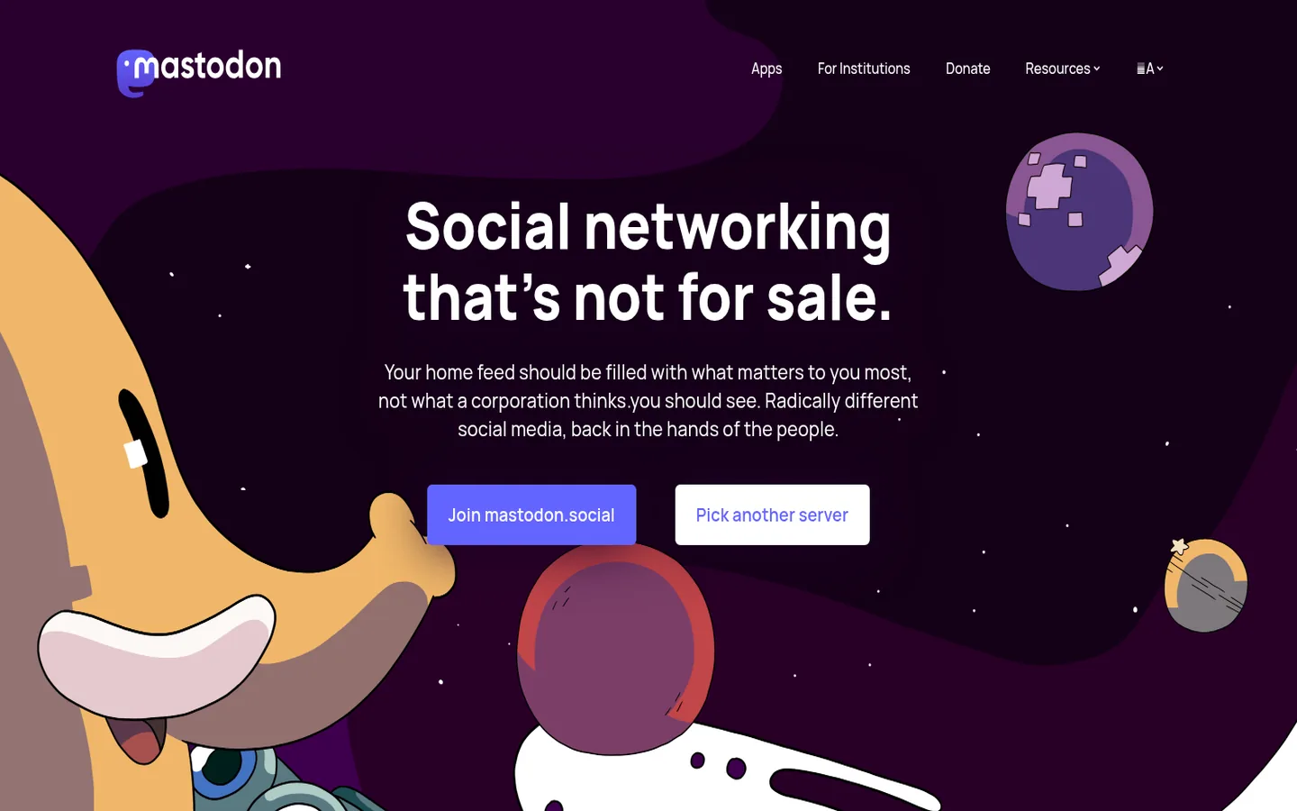 Mastodon home page — “Social networking that's not for sale”, with the federated server illustration