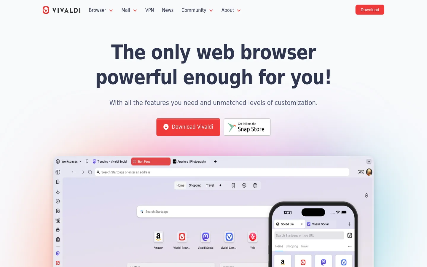 Vivaldi home page — “The only web browser powerful enough for you!”, with the browser interface