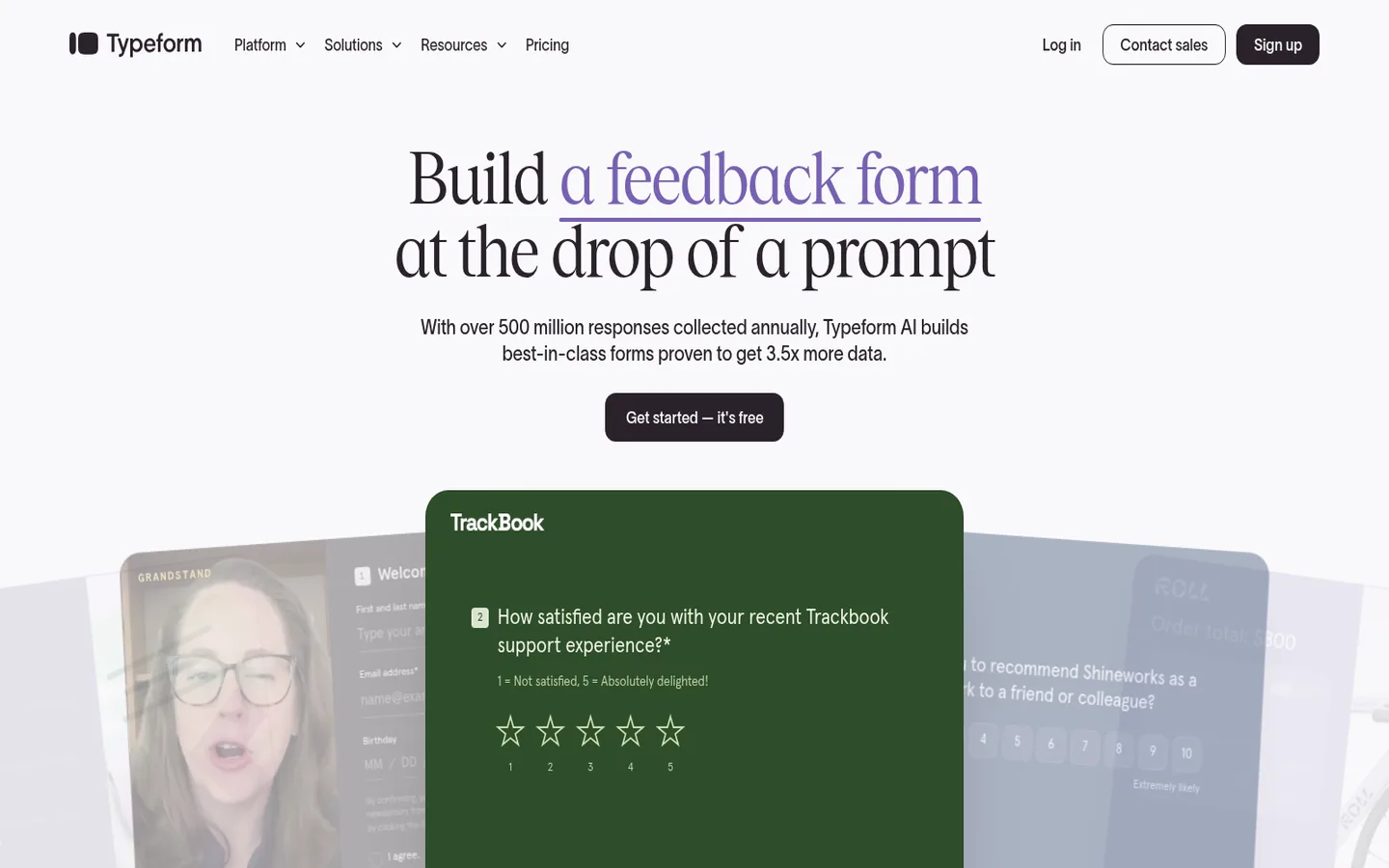 Typeform home page — “Build a feedback form at the drop of a prompt”, with the form builder preview