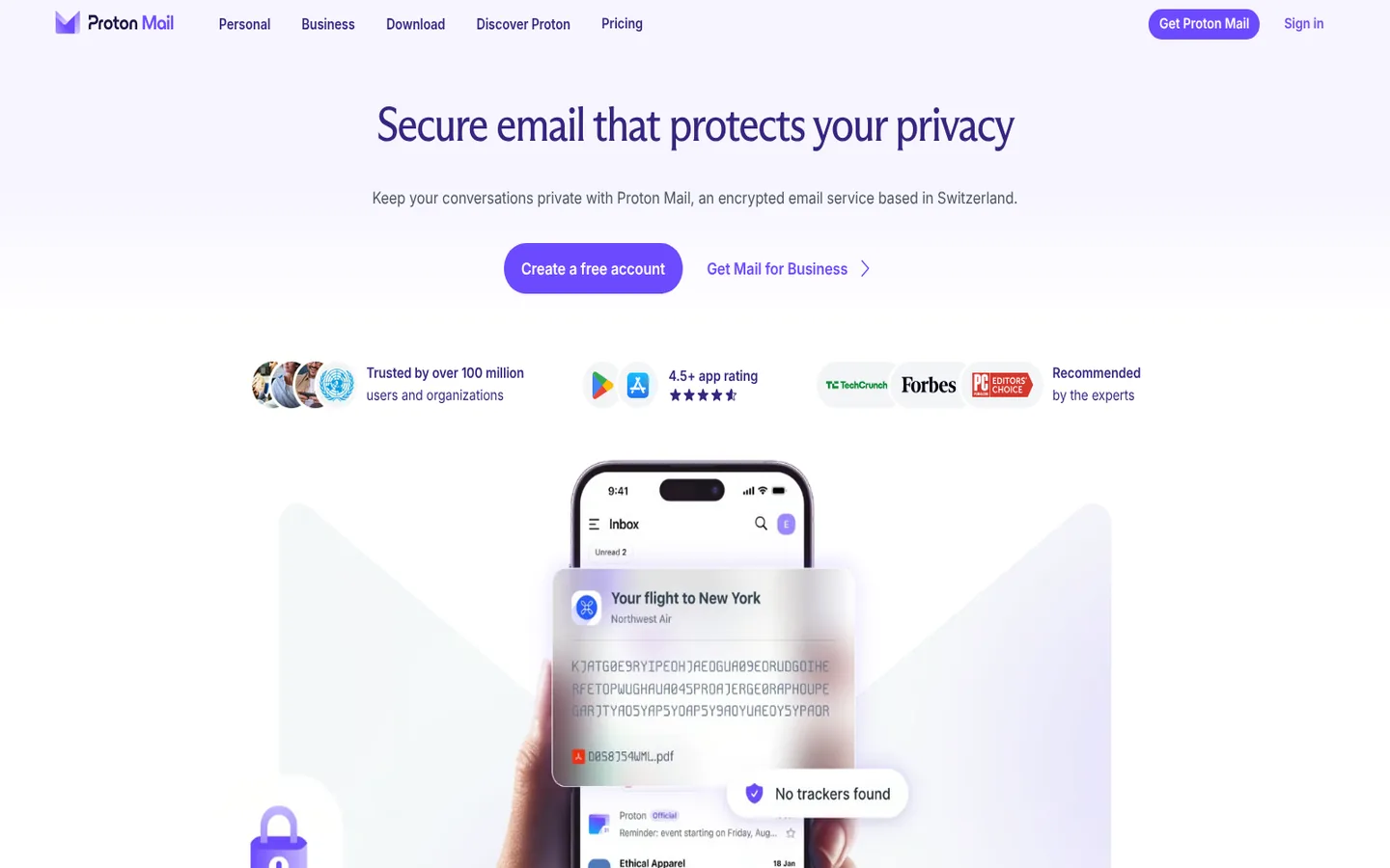 Proton Mail home page — “Secure email that protects your privacy”, with the inbox mockup