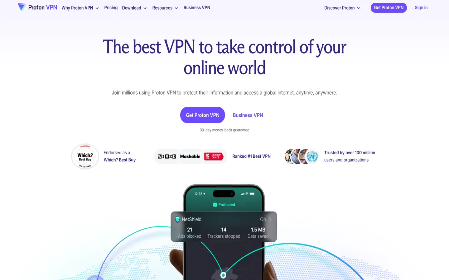 Proton VPN home page — “The best VPN to take control of your online world”