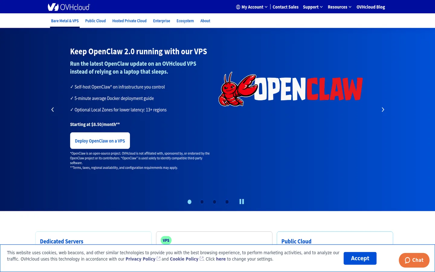 OVHcloud home page — “Easy deployment and hosting with our VPS”, with the current offer banner