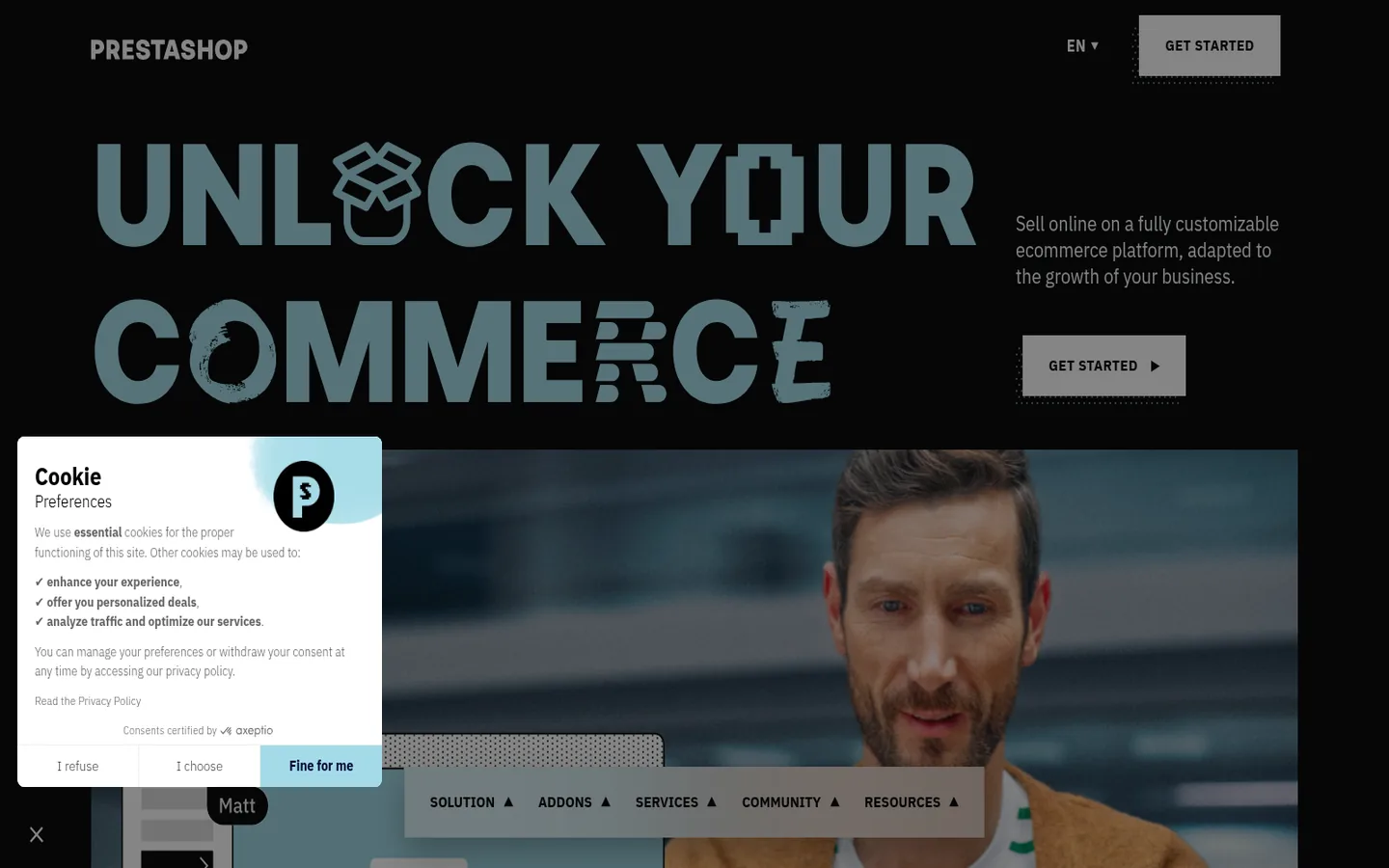 PrestaShop home page — “Unlock your commerce”, with the storefront illustration