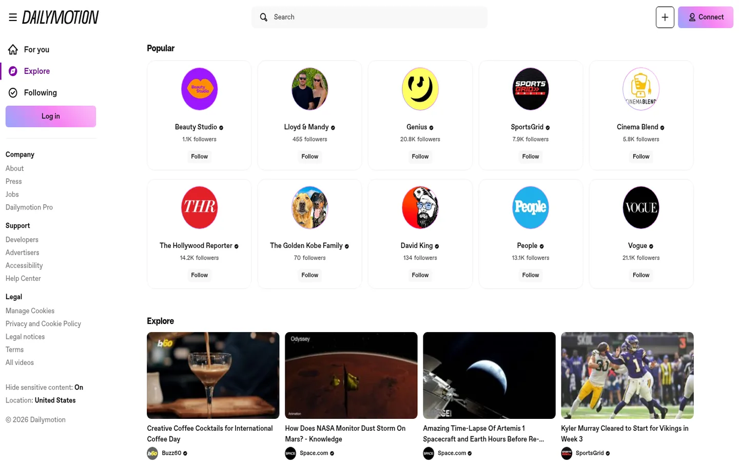 Dailymotion home page — a grid of featured videos with the player navigation