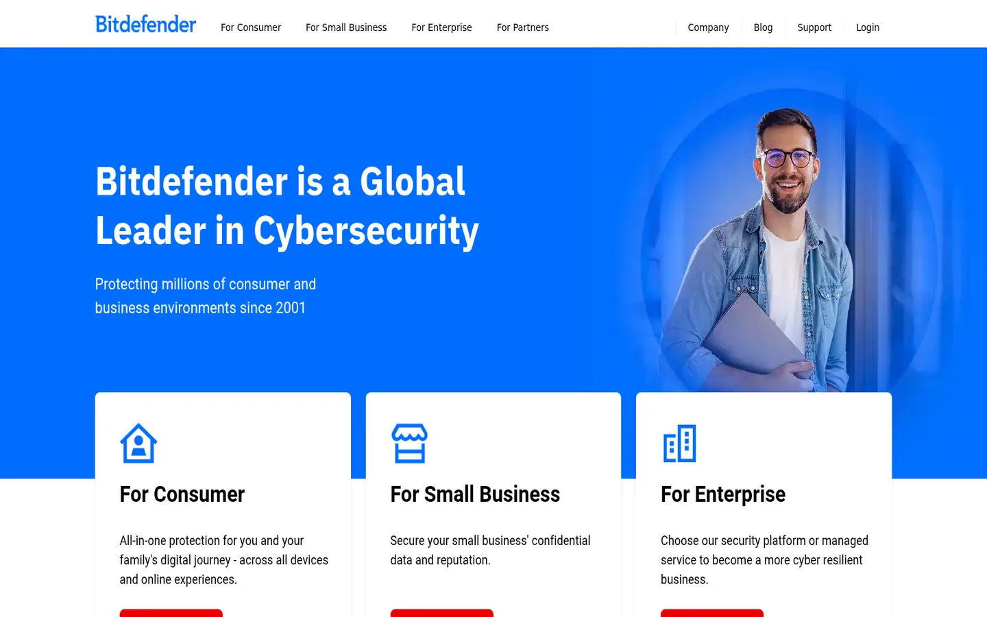 Bitdefender home page — “A global leader in cybersecurity”, with the product range
