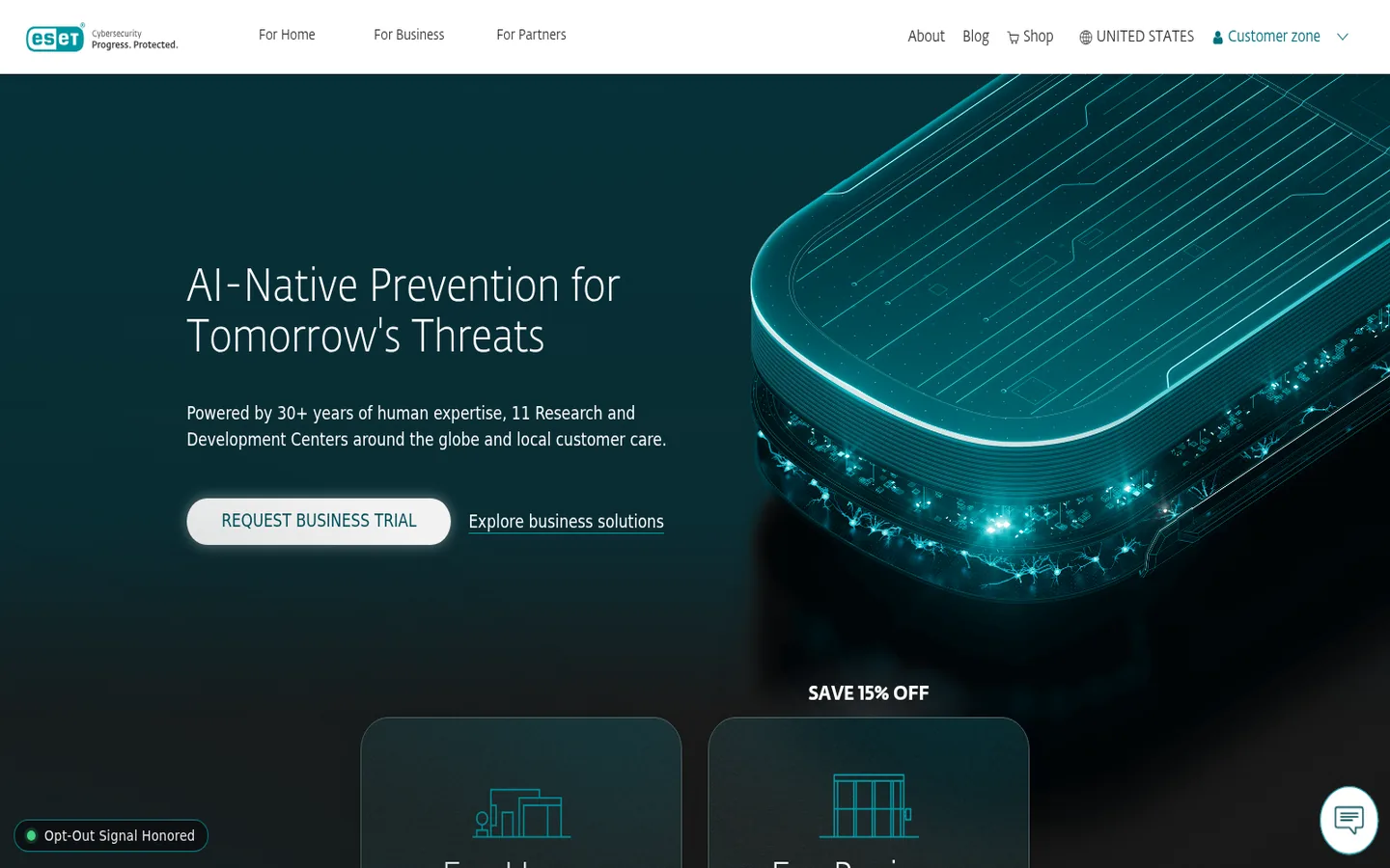 ESET home page — “AI-native protection for tomorrow's threats”, with the security product range