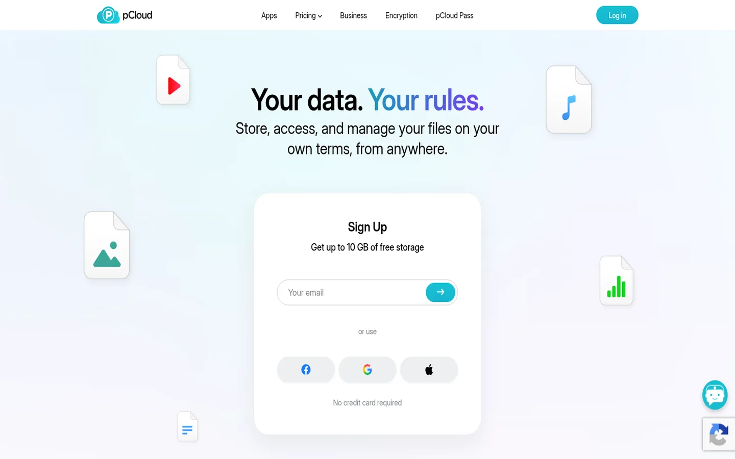 pCloud home page — “Your data. Your rules.”, with the encrypted cloud storage plans