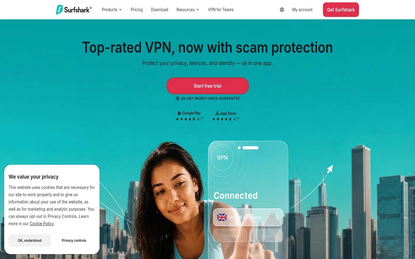 Surfshark home page — “Top-rated VPN, now with scam protection”