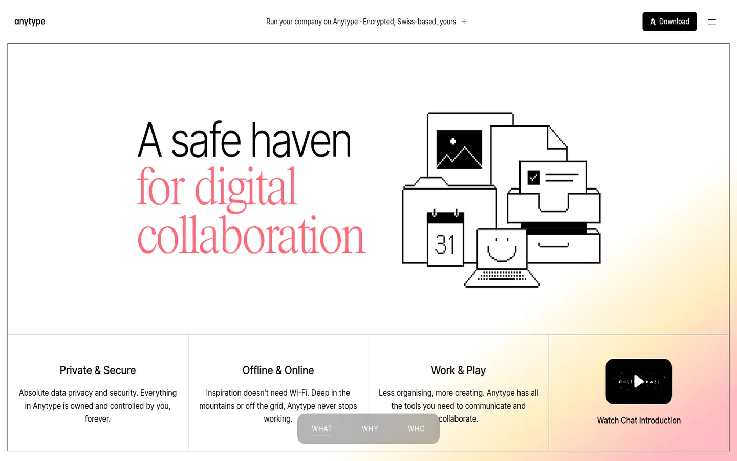 Anytype home page — “A safe haven for digital collaboration”, with the local-first workspace