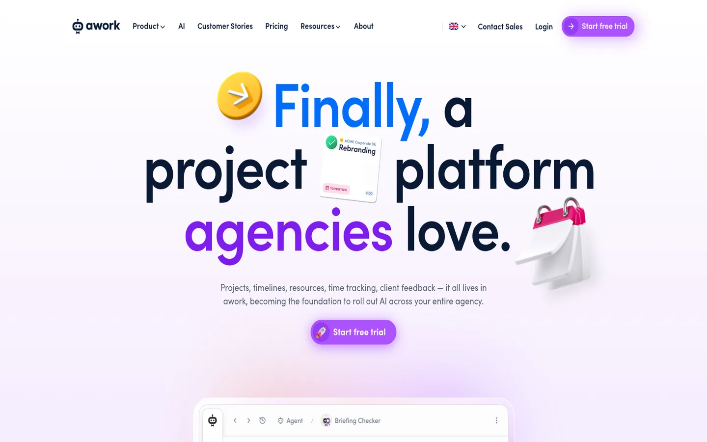awork home page — “Finally, a project platform agencies love”, with the project tracking views