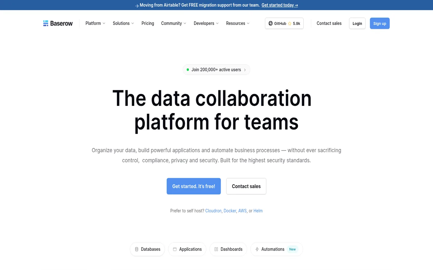 Baserow home page — “The data collaboration platform for teams”, with the database grid