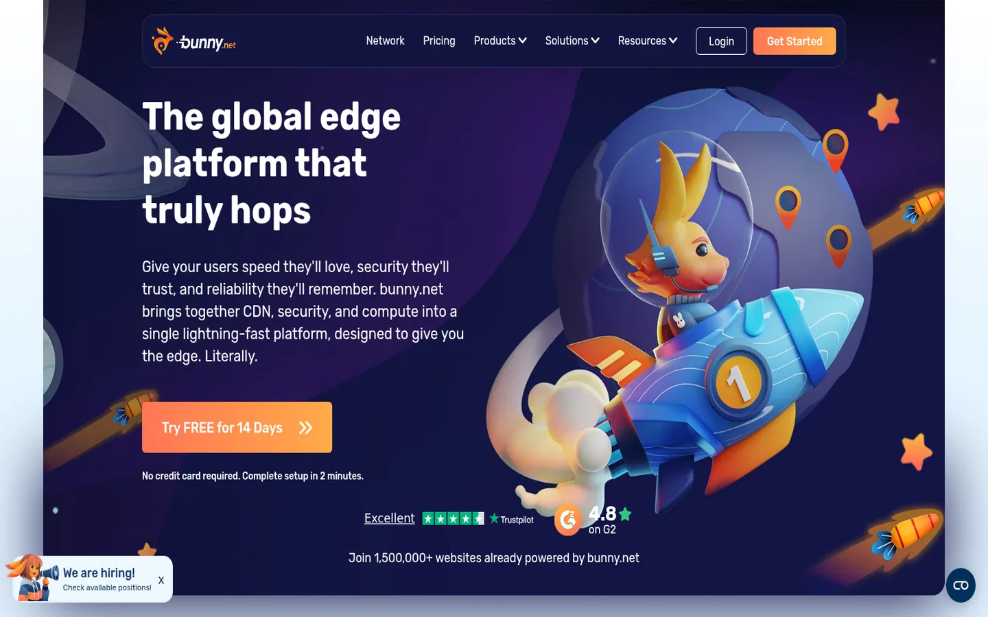 Bunny.net home page — “The global edge platform that truly hops”, with the CDN product entry points