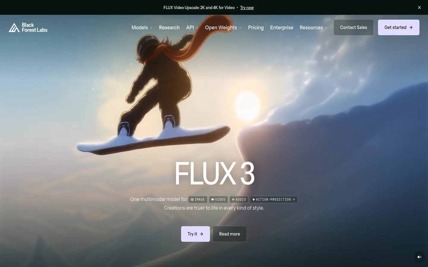 Black Forest Labs home page — “FLUX 3”, with the model showcase imagery