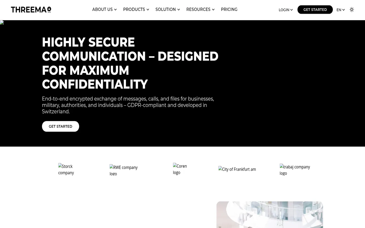 Threema home page — “Highly secure communication, designed for maximum confidentiality”