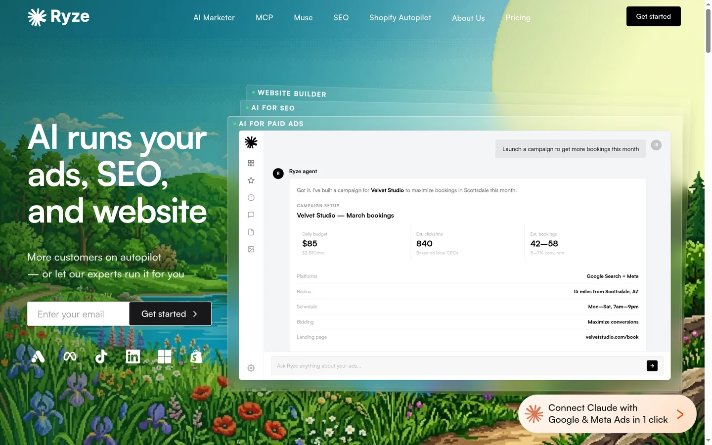 Ryze AI home page — "AI runs your ads, SEO, and website", shown with its campaign-builder panel and icons for Google Ads, Meta, TikTok, LinkedIn, Microsoft and Shopify.