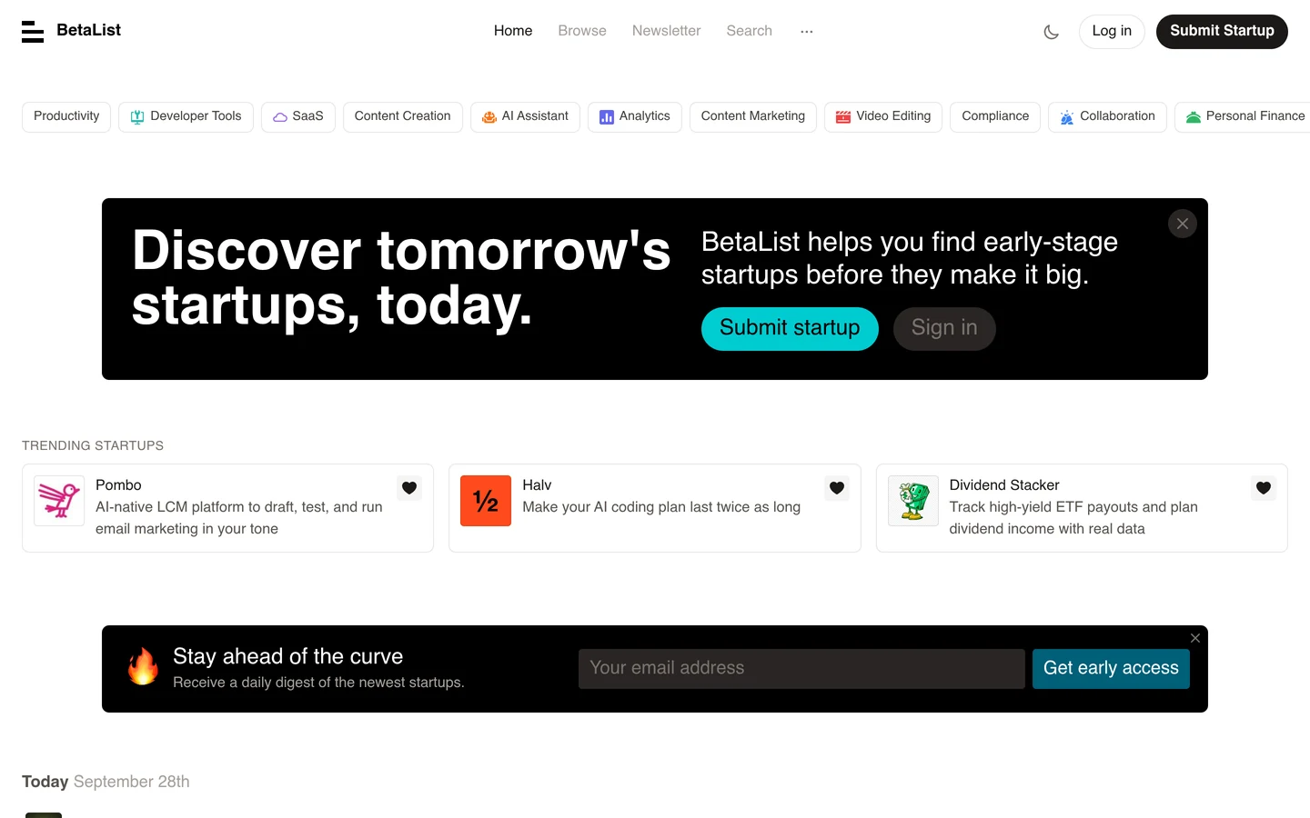 BetaList homepage: a dated feed of newly launched startups, category chips, and a daily-digest signup.